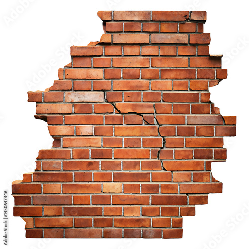Cracked red brick wall on transparent background.