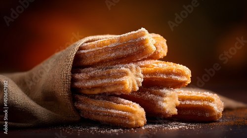 Delicious churros dusted with sugar, presented in a rustic burlap bag. A sweet treat for any occasion.