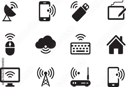 Wireless Technology Icons Set Featuring Satellite, Smartphone, USB, Tablet, Mouse, Cloud, Keyboard, Home, Monitor, Tower, Router