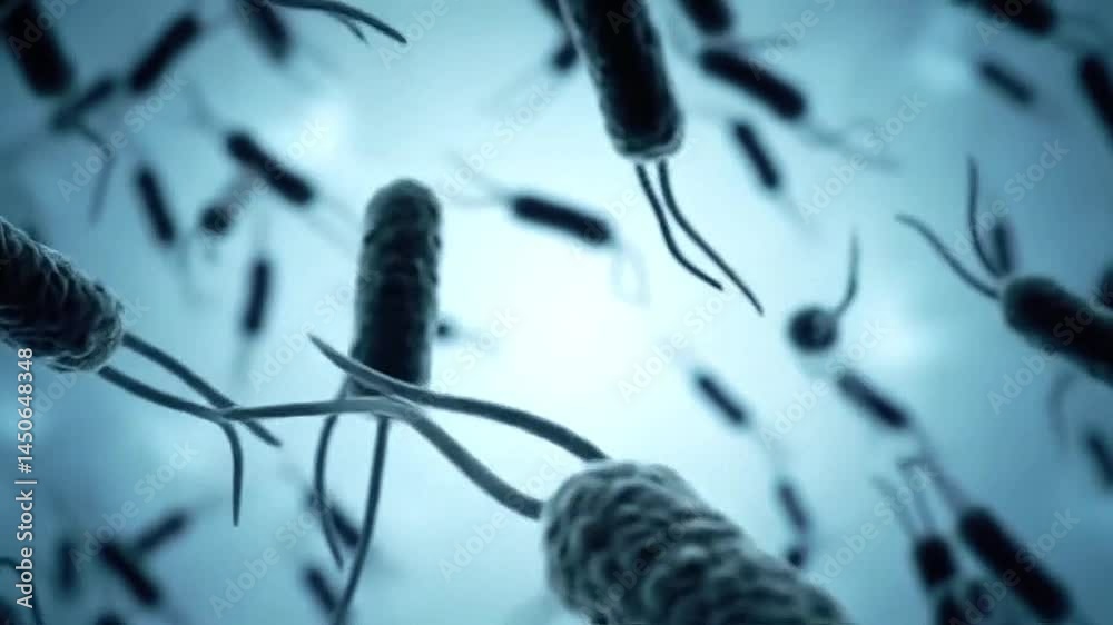 Rod-shaped Escherichia coli (E. coli) bacteria floating and rotating