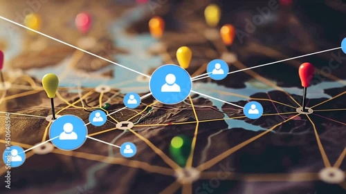 Global connections visualized on a map.  Network of people, potentially showing social connections, business relationships, or travel routes