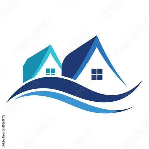 Real estate logo, minimalist design, two stylized houses, blue roofs, white windows, curved wave element, aqua and navy color scheme, clean lines, modern aesthetic, vector graphic, simple shapes, icon