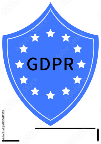 Blue shield with GDPR text, surrounded by stars symbolizing Europe and security. Ideal for data protection, privacy regulation, cybersecurity, legal compliance, online safety, governance, simple