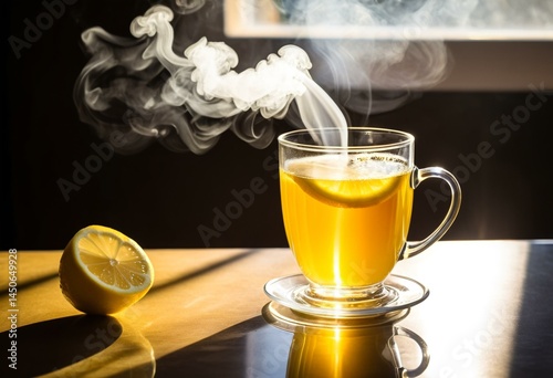 A cup of tea with a slice of lemon on a saucer.