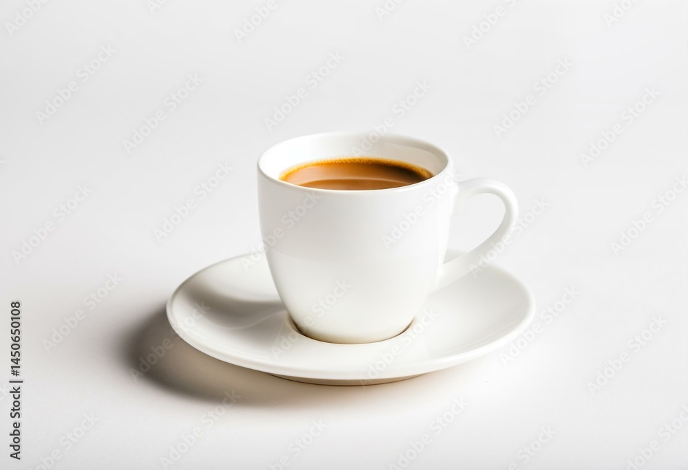 A cup of coffee on a saucer on a white surface. A cup of coffee on a saucer on a white surface.