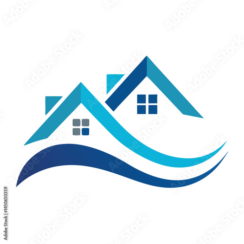Minimalist house logo, blue and white color scheme, geometric roof shapes, wave-like element, real estate icon, clean lines, modern design, simple graphic, stylized home illustration,