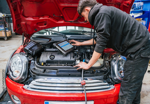 Konstfotografi Mechanic diagnosing car engine problems using diagnostic software on tablet
