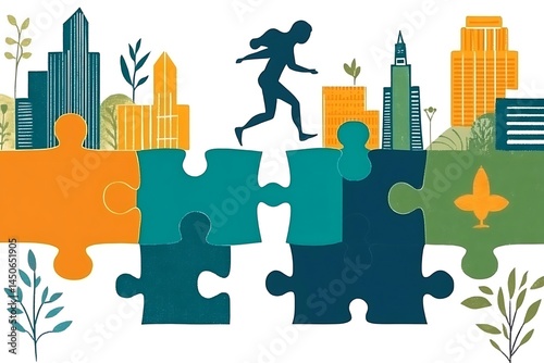 Abstract illustration depicting a person running across connecting puzzle pieces representing urban landscapes. The image features teal, orange, and green puzzle pieces with stylized cityscapes and