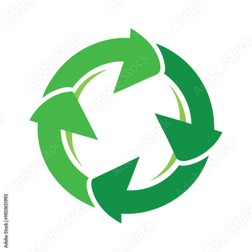 Green circular recycling symbol, three curved arrows, white background, minimalist design, environmental icon, sustainability logo, eco-friendly emblem, vector graphic, clean lines, bold colors, 