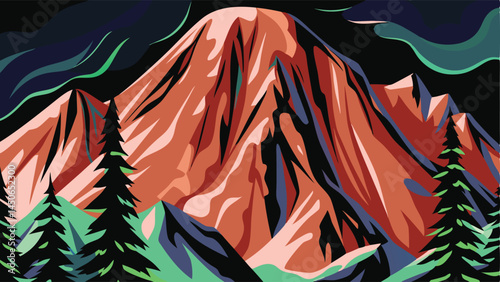 Mountains and coniferous forest. Vector illustration in flat style