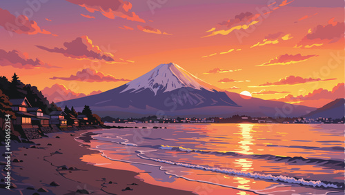 Mt. Fuji at sunset. Beautiful summer landscape. Vector illustration.