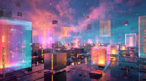 Vibrant cyber-city with translucent glowing cubes and data streams rising into a colorful digital sky