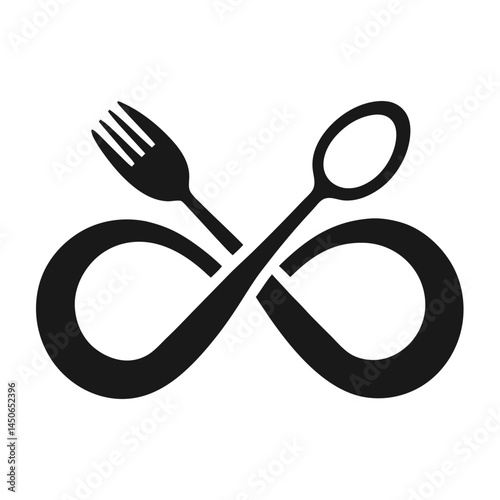Minimalist logo design, infinity symbol, fork and spoon silhouette, black and white, restaurant concept, continuous line drawing, simple geometric shapes, culinary icon, food infinity, modern branding