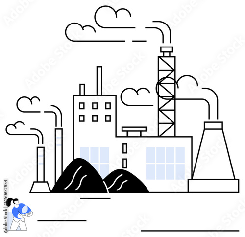 Large factory with chimneys emitting smoke, heaps of materials, and a worker with helmet. Ideal for manufacturing, environment, industrial growth, pollution, economy energy and production. Flat