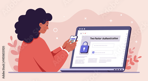 Woman using two-factor authentication on her laptop and smartphone for enhanced security