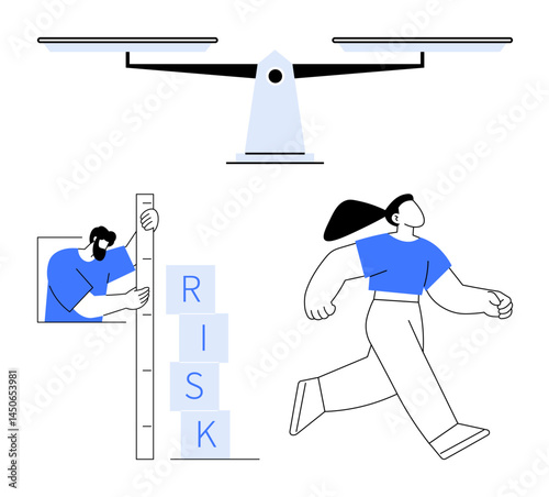 Scales representing balance, person assessing risk blocks, and figure progressing confidently. Ideal for decision-making, risk management, planning, confidence, problem-solving, growth simple