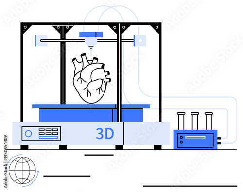 3D printer creating a human heart prototype with attached equipment and digital controls. Ideal for innovation, healthcare, biotechnology, technology, science, medical research, future design, flat