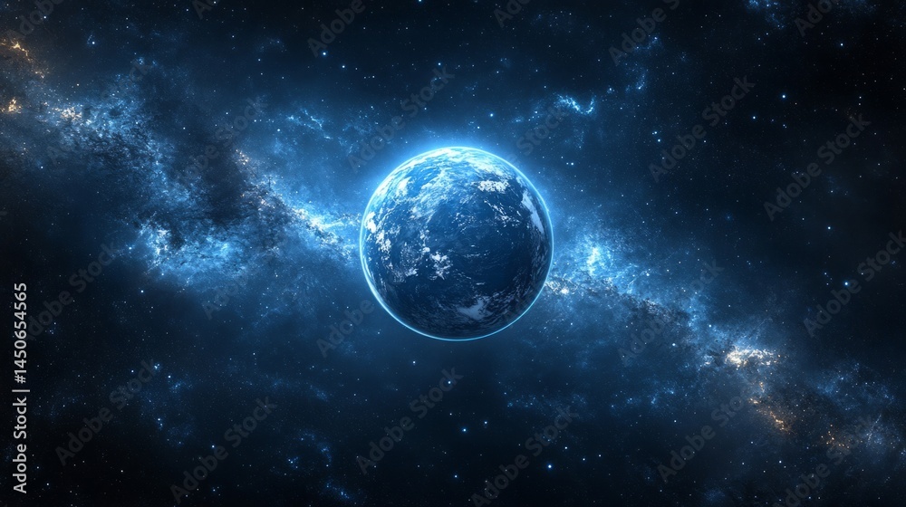 Blue Planet in a Glowing Nebula Space Blue Planet in a Glowing Nebula Space