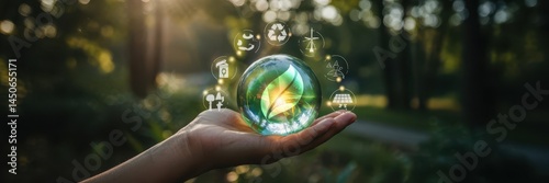 Hand holding a crystal sphere with an eco symbol.