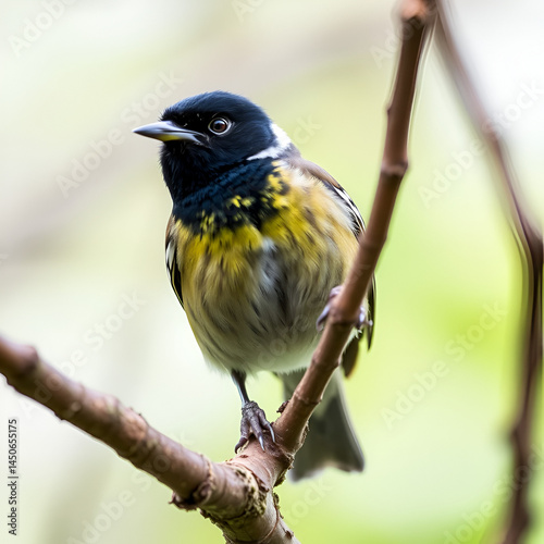 Closeup shot of a black-faced bunting perched on a tree branch
