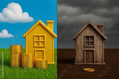 Contrast of prosperity and decline: vibrant wealth and stark poverty represented by houses and coins