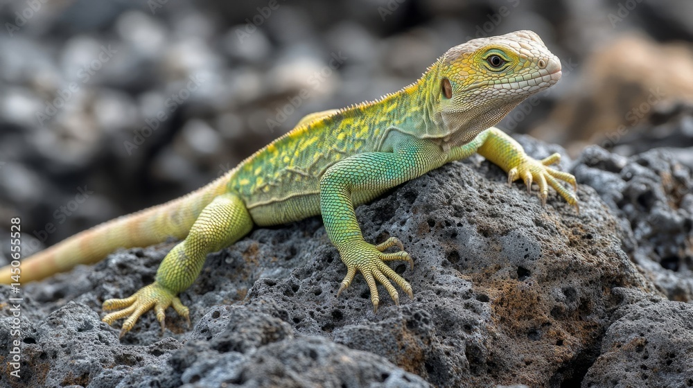 Obraz premium Green and Yellow Lava Lizard on Dark Volcanic Rock