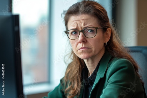 An adult woman in her thirties is sitting at an office desk, looking sad and worried as she gazes into the computer screen while wearing glasses. She is wearing a green jacket and a black shirt.