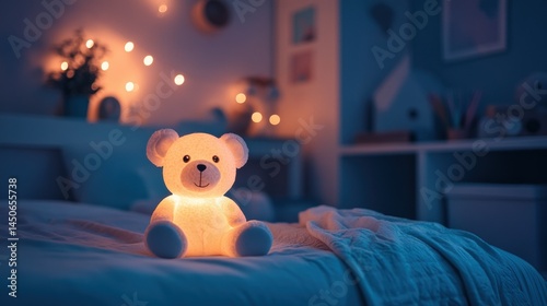 Soft teddy bear illuminated in a cozy bedroom.