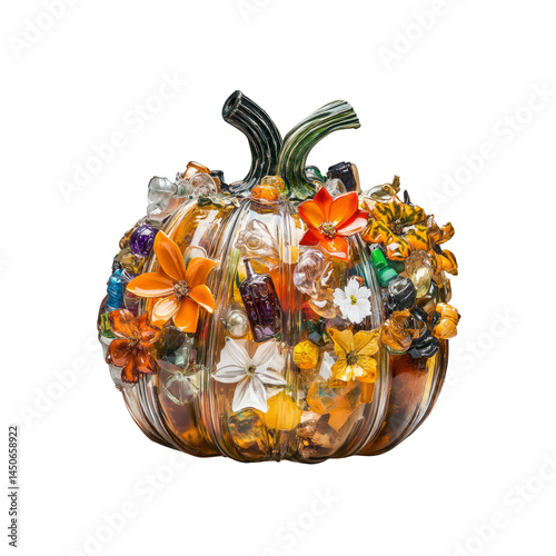Ornate Glass Pumpkin Adorned with Colorful Flowers and Gems