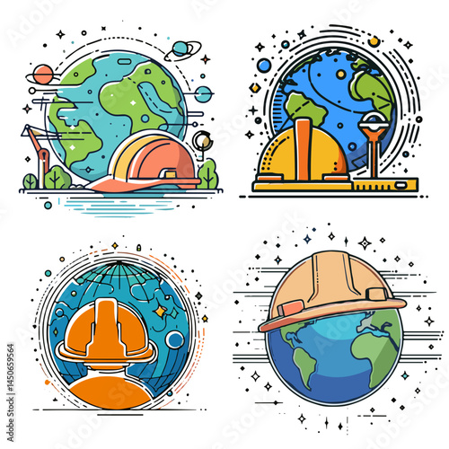 Planet with construction helmet. Space-themed illustrations of Earth and celestial bodies in vibrant colors  