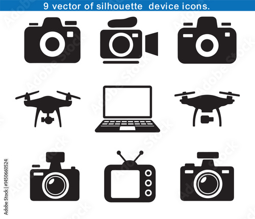 black device icon digital illustration features a set of retro cameras,  video camera , drone, laptop, talevision 