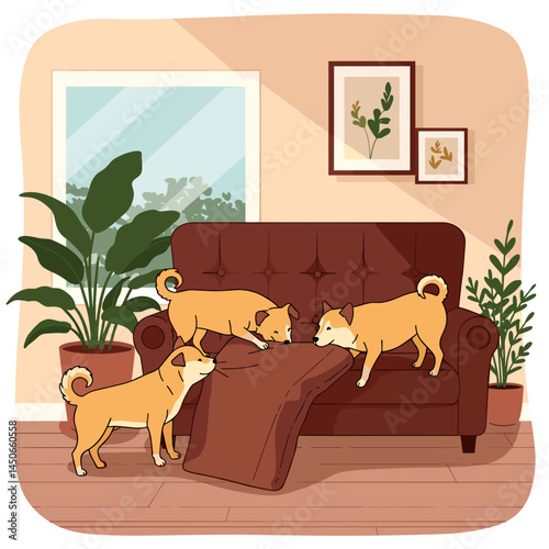 Dogs chewing furniture, Dogs gnawing couch, playful dogs in living room  