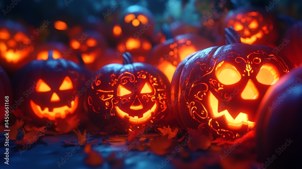 Naklejka premium Halloween pumpkins with detailed carvings glowing faintly on a bright orange surface