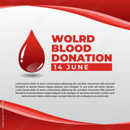 Vector poster design for World Blood Donation Day, celebrated on 14 June. Simple, clean layout with red tones, blood drop icons, and healthcare elements to raise awareness and encourage voluntary