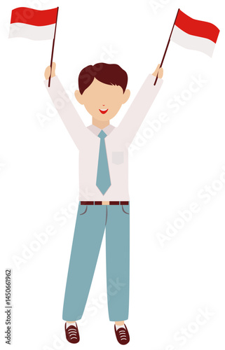 Joyful Boy Celebrating with Indonesian Flags, Vector Illustration