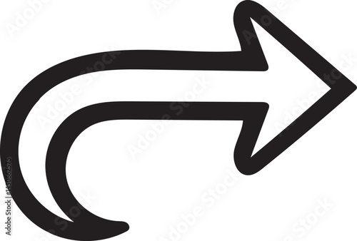 Bold black curved arrow icon looping forward in a thick outline style on a clean white background