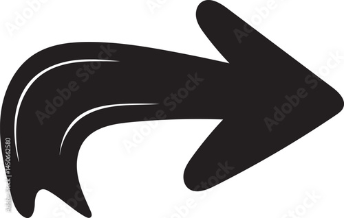 Thick black curved arrow with rounded edges pointing right, stylized with inner highlights