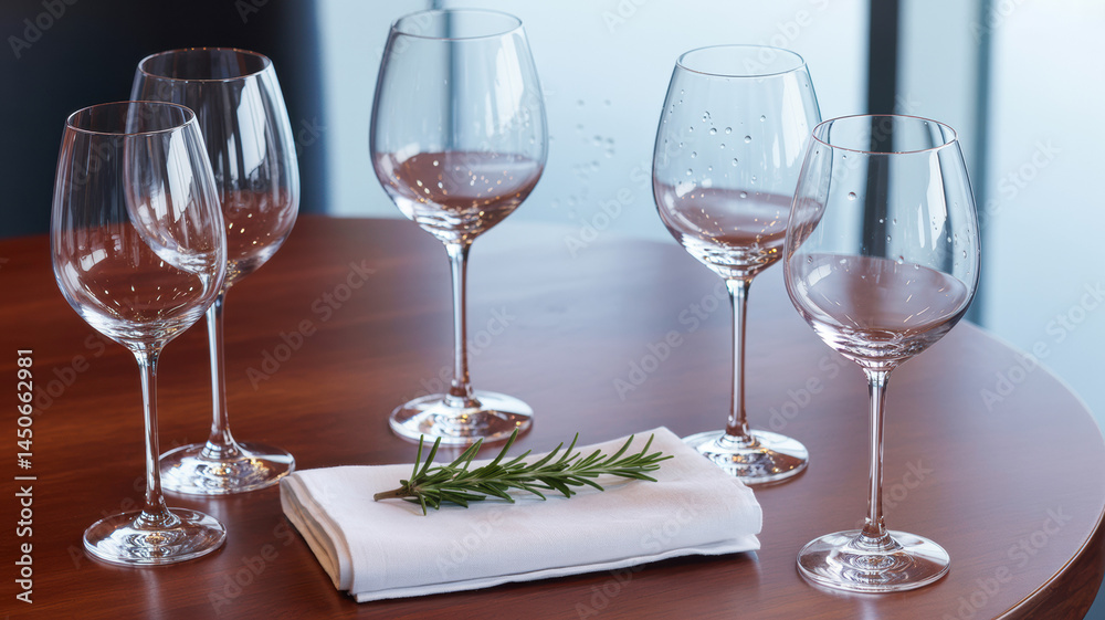 Neatly arranged empty glasses on a table, symbolizing simplicity and order in dining.
Neatly arranged empty glasses on a table, symbolizing simplicity and order in dining.