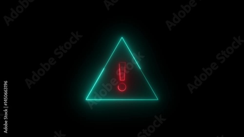 Neon warning icon animation, flickering emergence with fading. Glowing neon exclamation mark, looped animation. Caution signal, alert, urgent attention, error notice, danger. Violet, blue, azure. 4k 