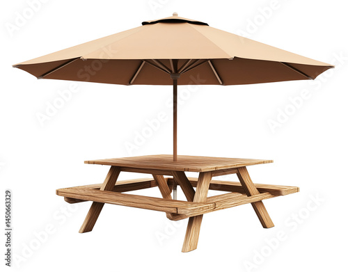 wooden picnic table with large sun umbrella isolated png transparent cutout