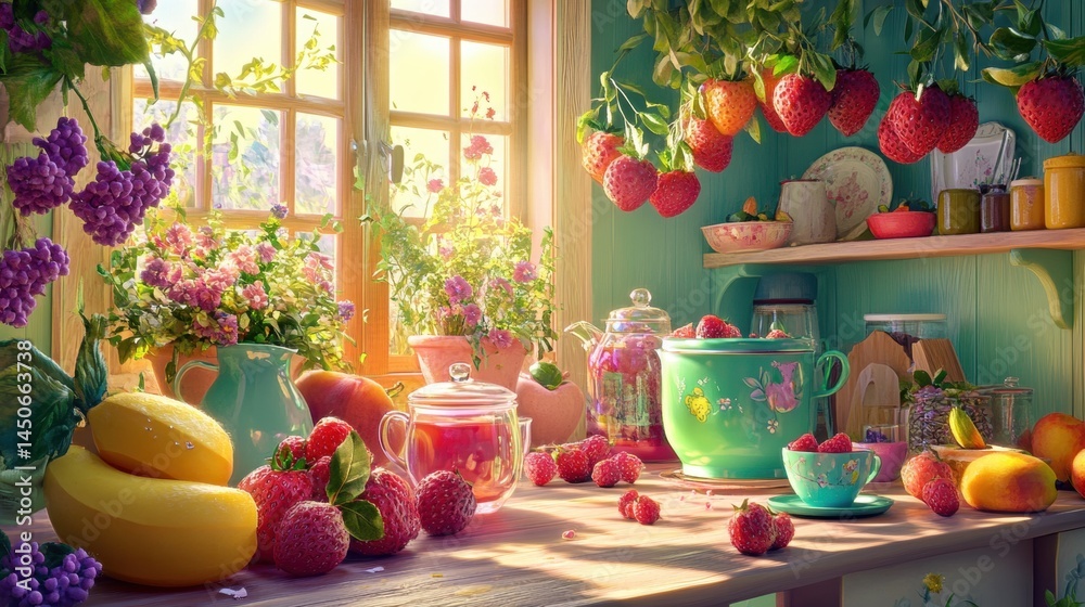 Colorful kitchen still life with fresh fruit and flowers. Colorful kitchen still life with fresh fruit and flowers.