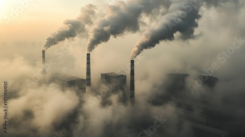 Industrial smokestacks and fog aerial view of pollution