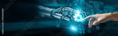 A hand touches the settings network, connecting IP address configuration, firewall rules, security protocols, device preferences, user profiles, system updates, network policies, and access controls.