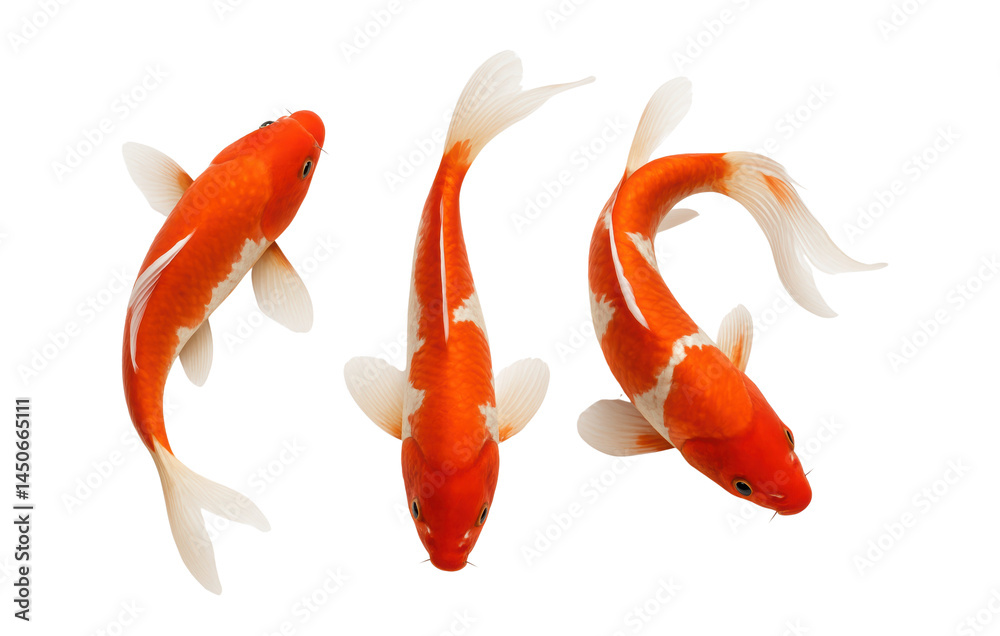 Koi fish, three Japanese carps isolated on white, transparent. Above view