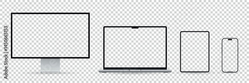 Realistic set of monitor, laptop, tablet, and smartphone. Modern digital devices collection. Vector illustration isolated on white background.