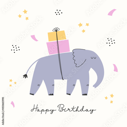 Happy Birthday creative card design with cute elephant, presents and colorful confetti. 