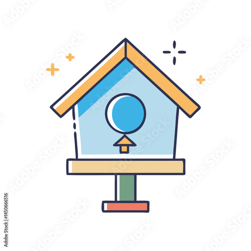 Cute little blue and yellow birdhouse with sparkling stars illustration