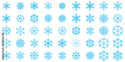 Hand drawn blue snowflake doodle vector icon collection, winter snow symbol. Big set of linear snowflake icons. Blue Snowflakes icon Set, Christmas Snowflake Silhouette. snowflake vector icon pack. 