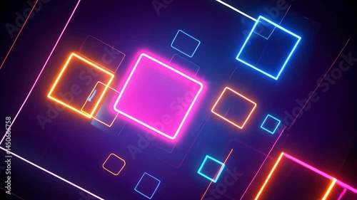Vibrant neon squares dancing through a futuristic digital tunnel