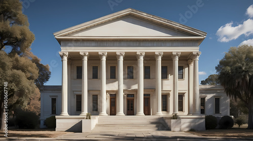 Neoclassical Architecture Building Facade with Columns in Park-like Setting - Historical Landmark with Symmetrical Design and Ornate Grand Entrance